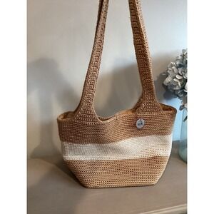 The Sak Crochet Stripe Shoulder straw bucket handbag purse